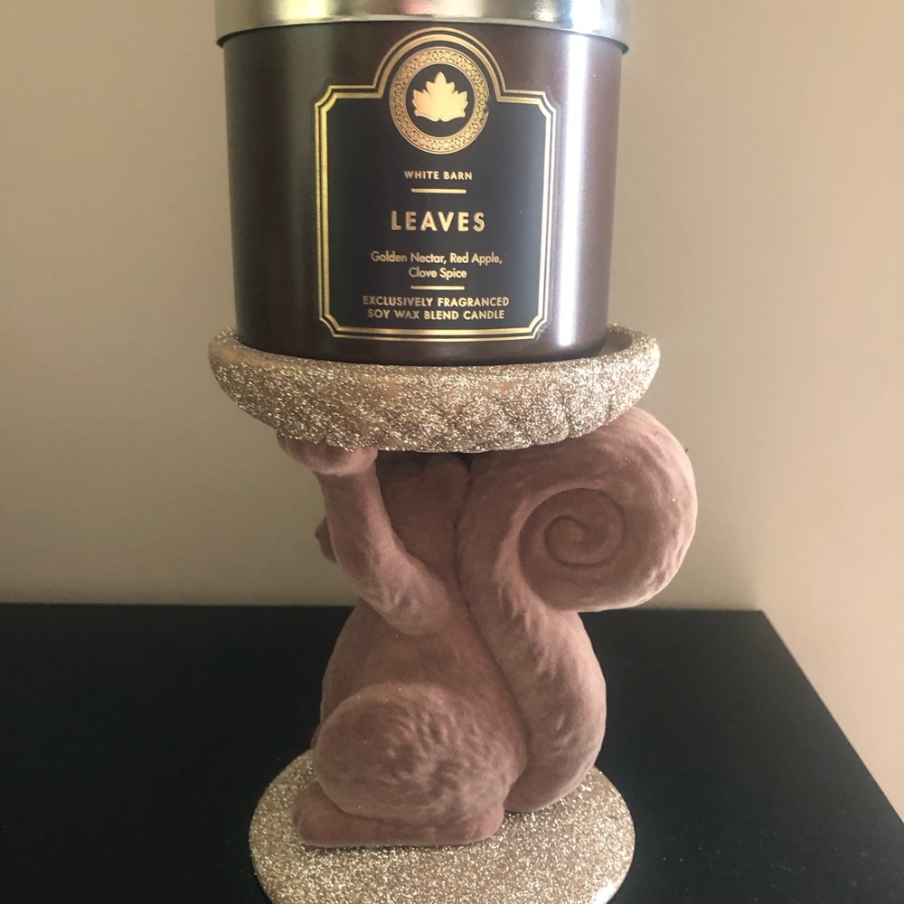 White Barn Brown Squirrel Candle Stand with Gold Glitter Accents & Leaves Candle